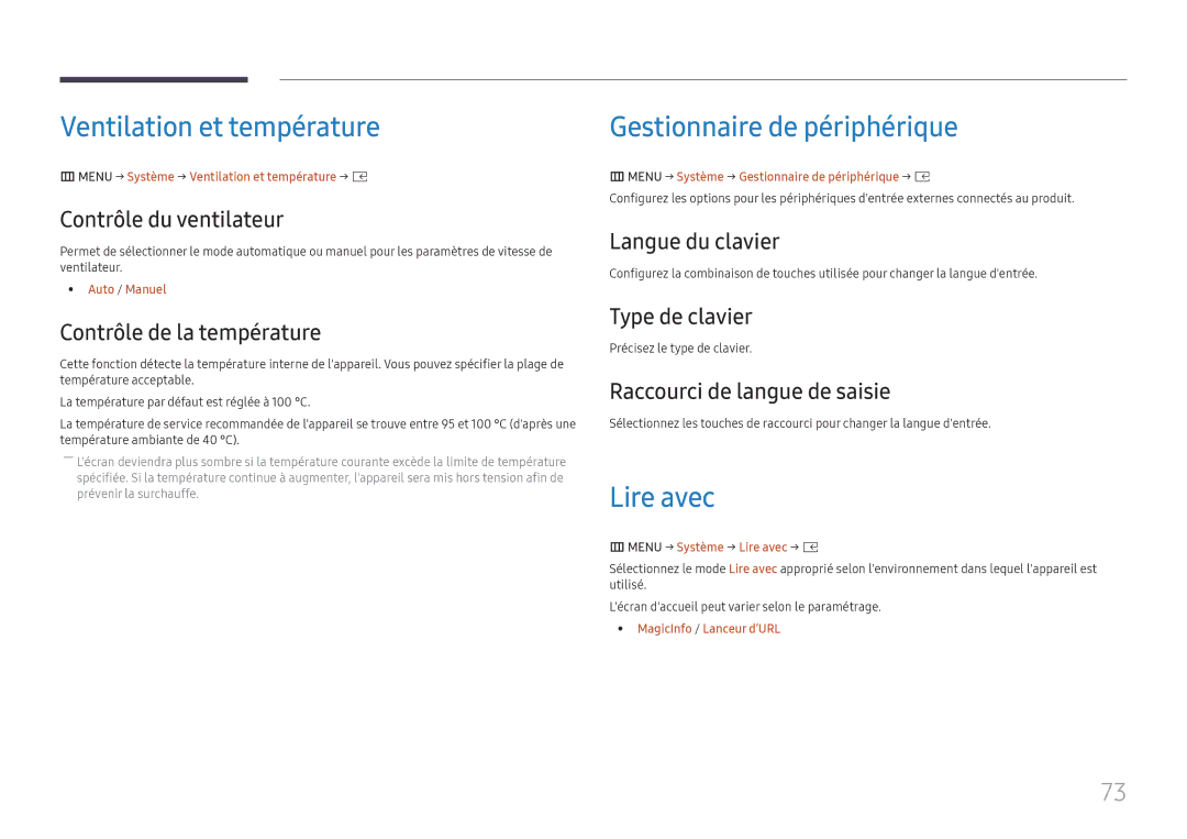 Samsung LH025IFHSAS/EN, SBB-SNOWH3U/EN, LH025IFHTAS/EN Ventilation et température, Gestionnaire de périphérique, Lire avec 