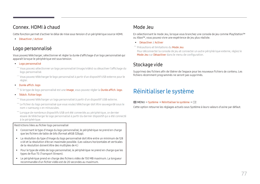 Samsung LH020IFHSAS/EN manual Réinitialiser le système, Connex. Hdmi à chaud, Logo personnalisé, Mode Jeu, Stockage vide 