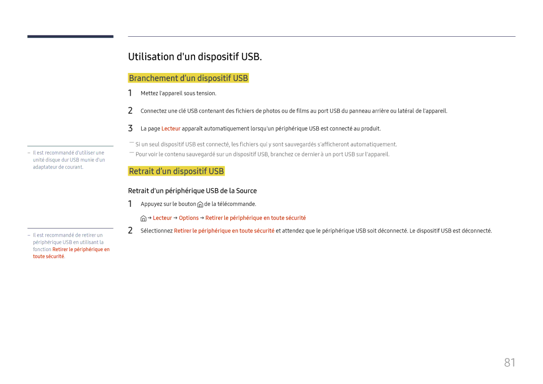 Samsung LH015IFHTAS/EN manual Utilisation dun dispositif USB, Branchement d’un dispositif USB, Retrait d’un dispositif USB 