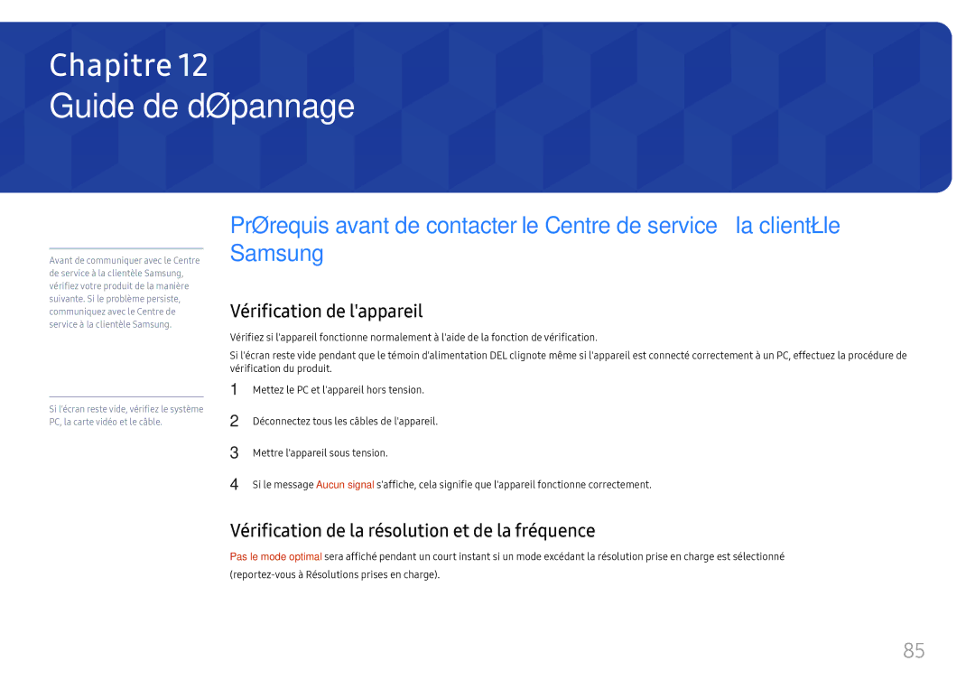 Samsung LH025IFHSAS/EN Guide de dépannage, Vérification de lappareil, Vérification de la résolution et de la fréquence 