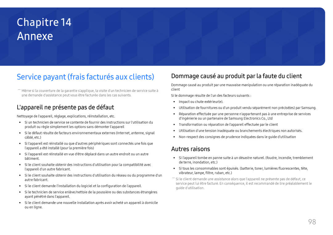 Samsung LH025IFHTAS/EN manual Annexe, Lappareil ne présente pas de défaut, Dommage causé au produit par la faute du client 