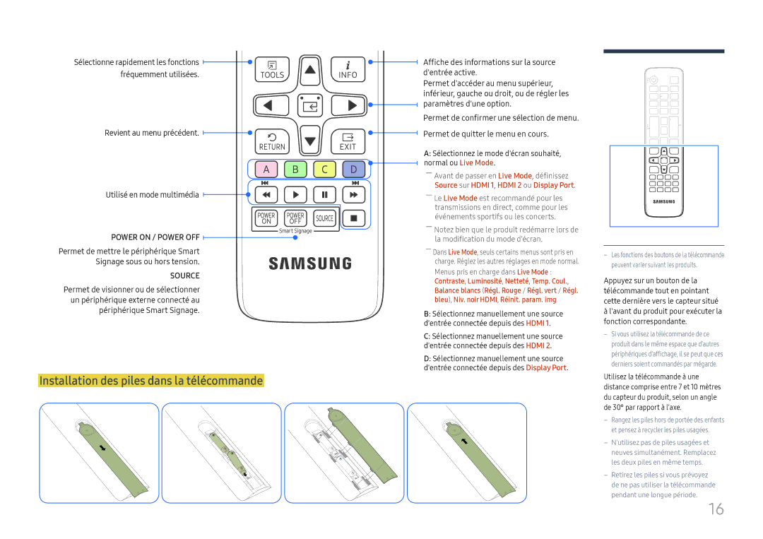 Samsung LH015IFHSAS/EN Installation des piles dans la télécommande, Revient au menu précédent Utilisé en mode multimédia 