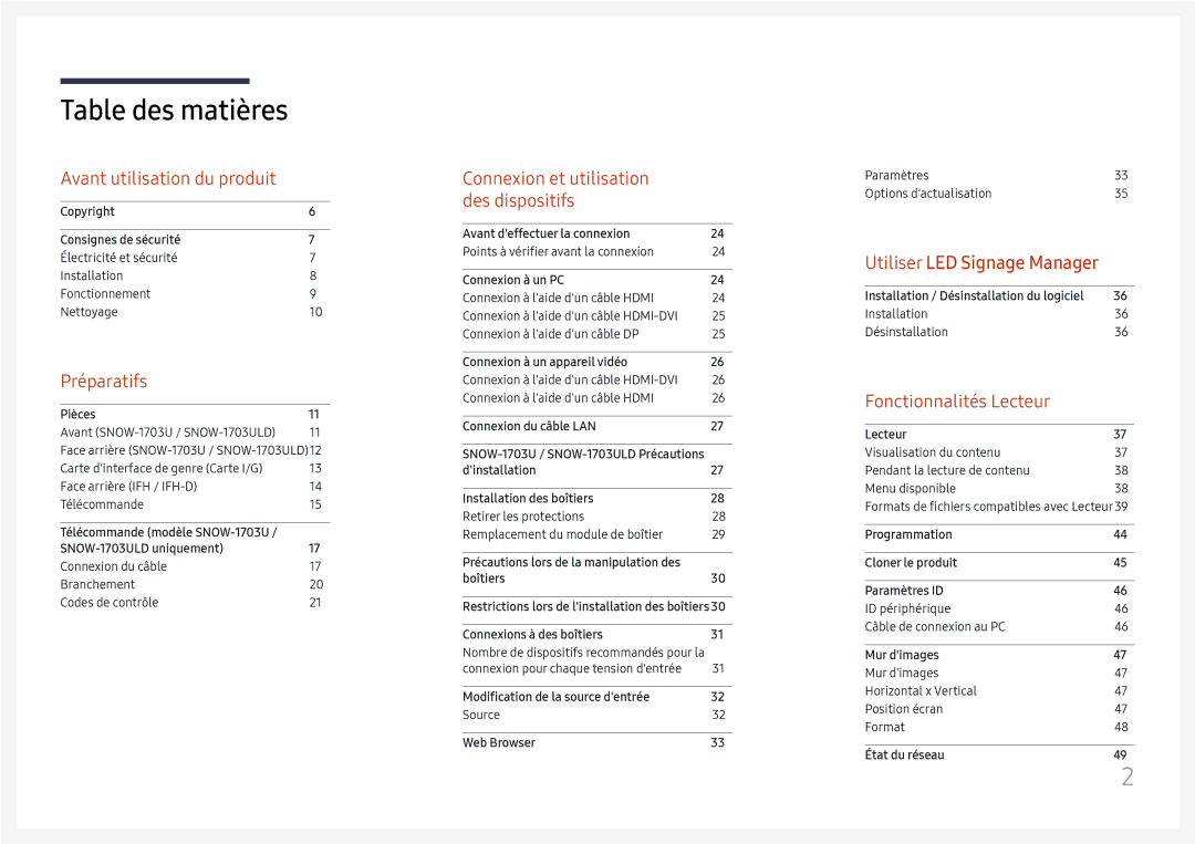 Samsung LH025IFHTAS/EN, SBB-SNOWH3U/EN, LH025IFHSAS/EN, LH015IFHTAS/EN, LH015IFHSAS/EN, LH020IFHSAS/EN manual Table des matières 