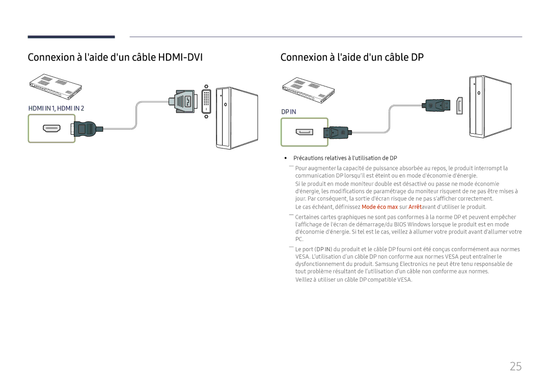 Samsung LH025IFHSAS/EN, SBB-SNOWH3U/EN, LH025IFHTAS/EN Connexion à laide dun câble HDMI-DVI, Connexion à laide dun câble DP 