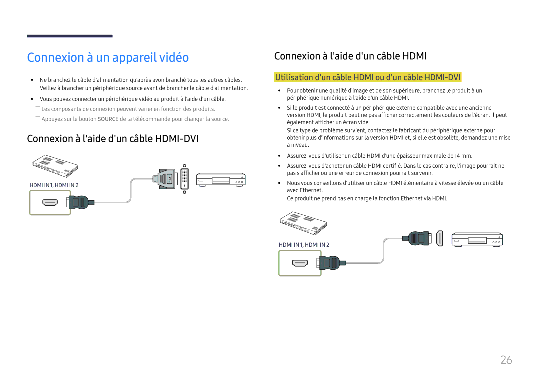 Samsung LH025IFHTAS/EN, SBB-SNOWH3U/EN Connexion à un appareil vidéo, Utilisation dun câble Hdmi ou dun câble HDMI-DVI 