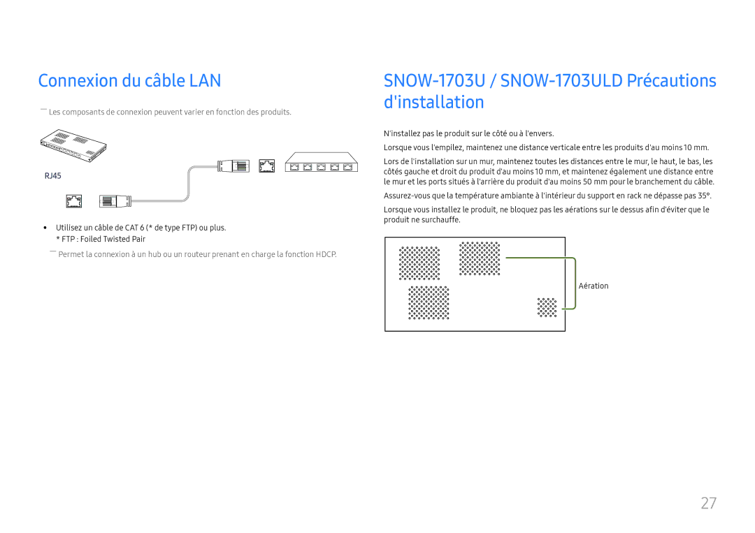 Samsung LH015IFHTAS/EN, SBB-SNOWH3U/EN manual Connexion du câble LAN, SNOW-1703U / SNOW-1703ULD Précautions dinstallation 