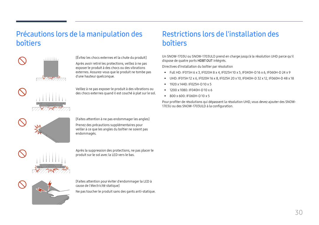 Samsung SBB-SNOWH3U/EN Précautions lors de la manipulation des boîtiers, Restrictions lors de linstallation des boîtiers 