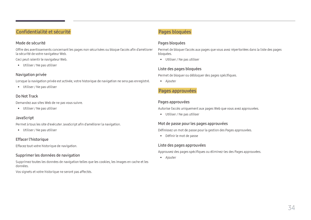 Samsung LH015IFHSAS/EN, SBB-SNOWH3U/EN, LH025IFHSAS/EN, LH025IFHTAS/EN manual Confidentialité et sécurité, Pages approuvées 