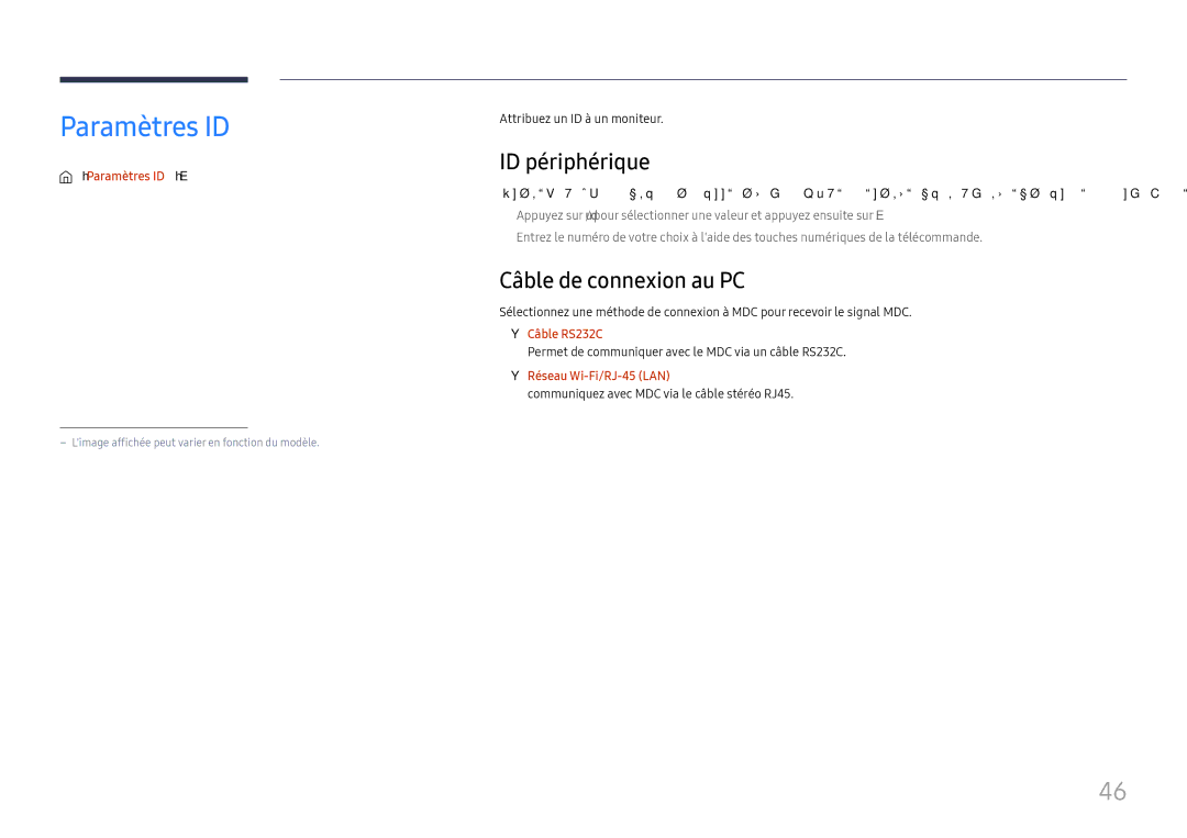 Samsung LH015IFHSAS/EN, SBB-SNOWH3U/EN, LH025IFHSAS/EN manual Paramètres ID, ID périphérique, Câble de connexion au PC 