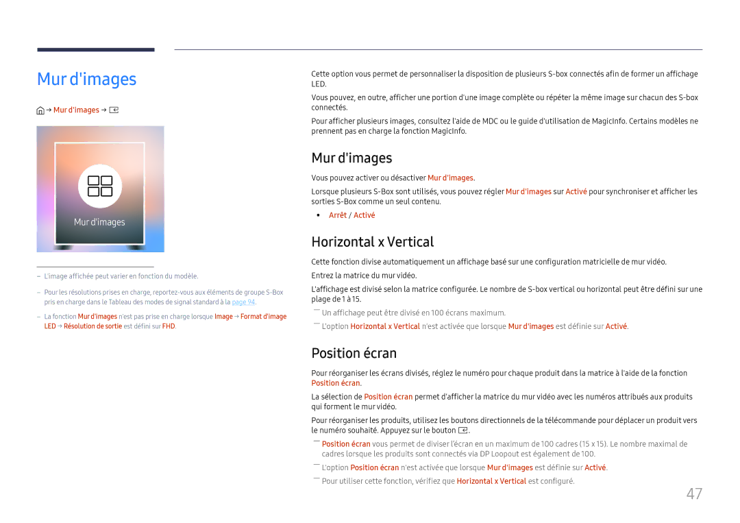 Samsung LH020IFHSAS/EN, SBB-SNOWH3U/EN, LH025IFHSAS/EN, LH025IFHTAS/EN Mur dimages, Horizontal x Vertical, Position écran 