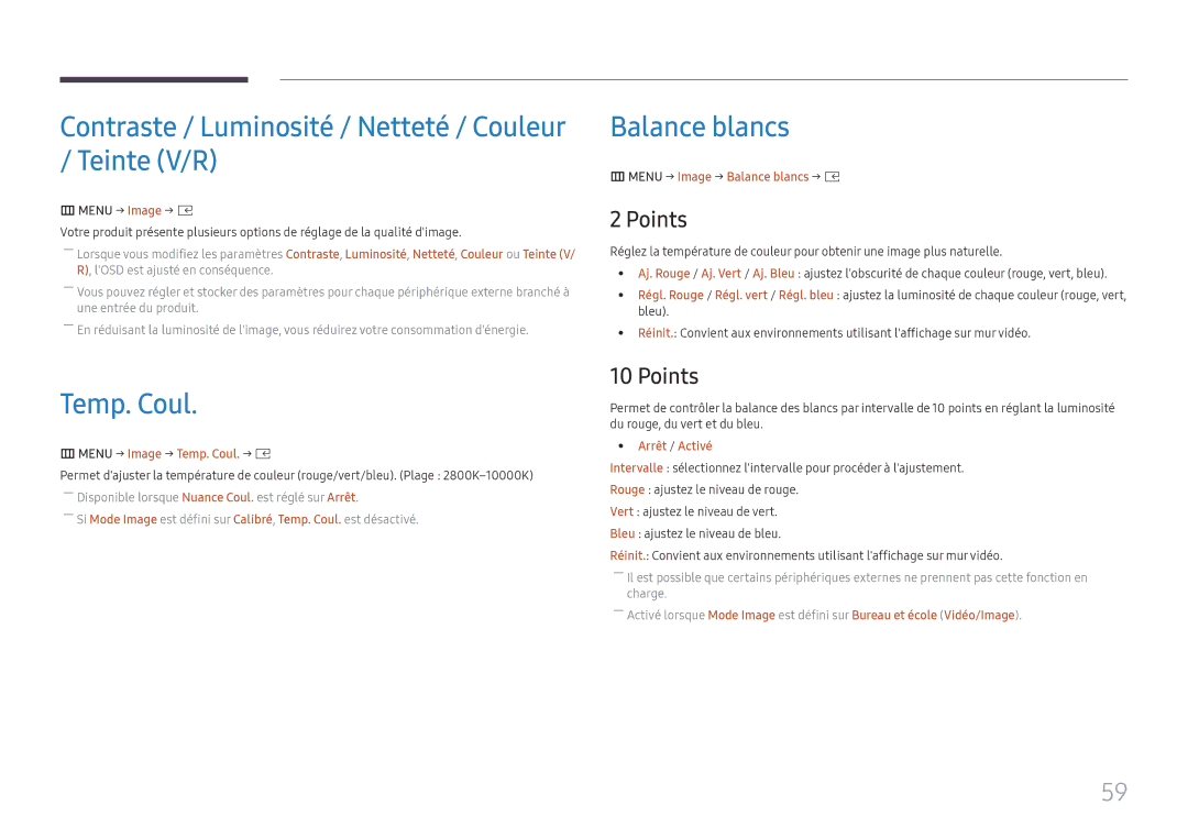 Samsung LH020IFHSAS/EN manual Contraste / Luminosité / Netteté / Couleur / Teinte V/R, Balance blancs, Temp. Coul, Points 