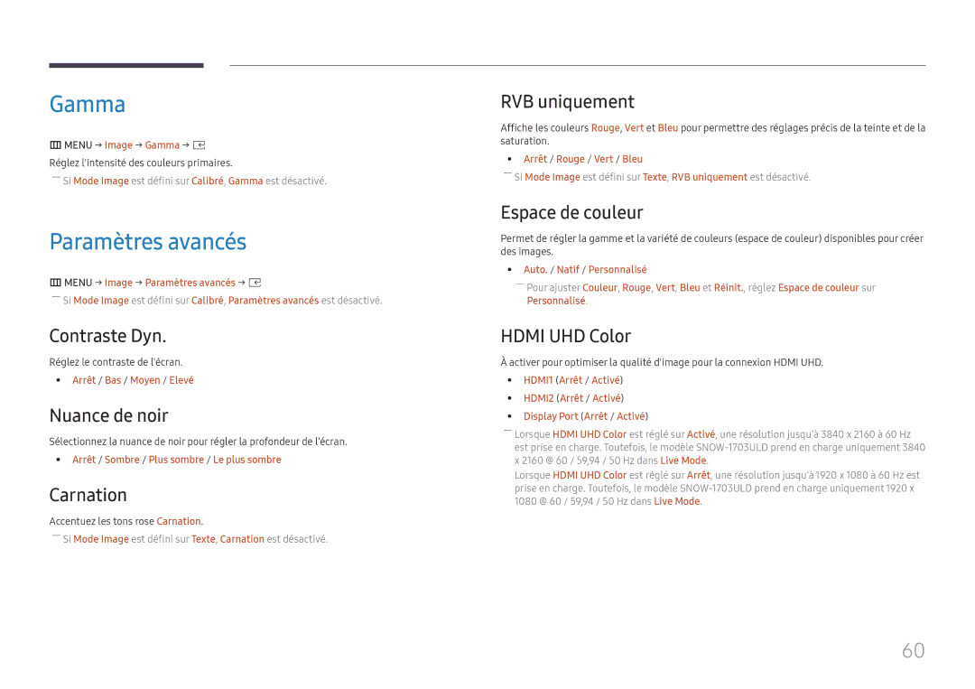 Samsung SBB-SNOWH3U/EN, LH025IFHSAS/EN, LH025IFHTAS/EN, LH015IFHTAS/EN, LH015IFHSAS/EN manual Gamma, Paramètres avancés 