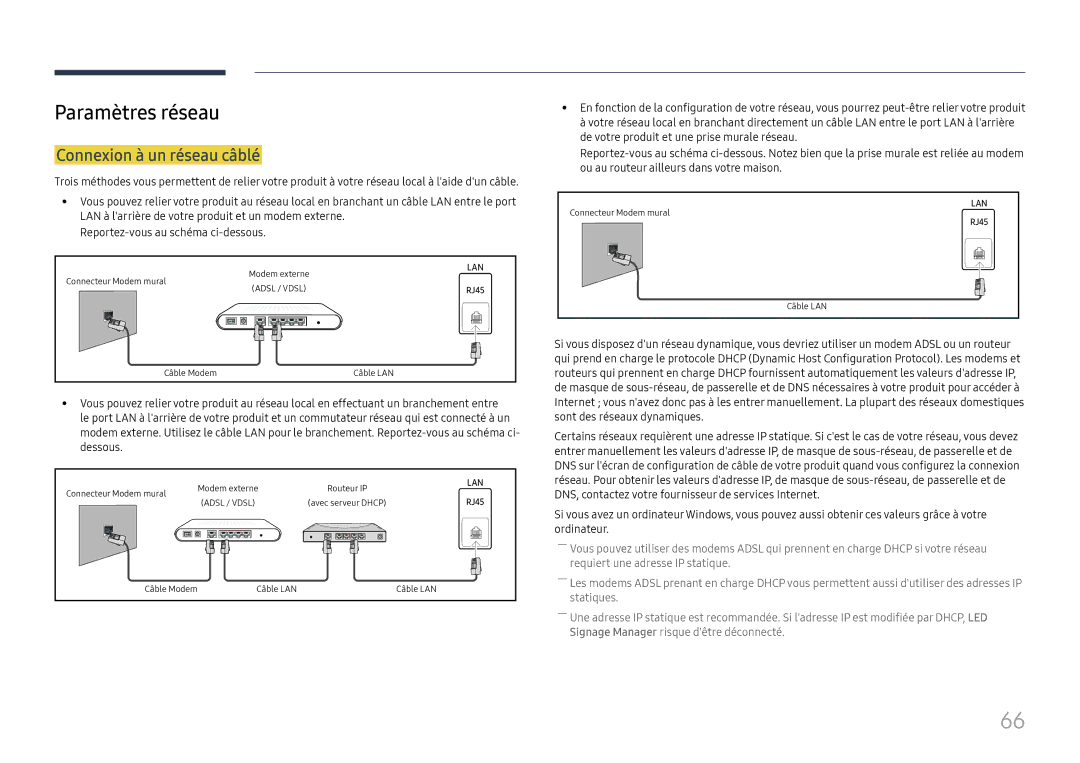 Samsung SBB-SNOWH3U/EN, LH025IFHSAS/EN, LH025IFHTAS/EN, LH015IFHTAS/EN manual Paramètres réseau, Connexion à un réseau câblé 