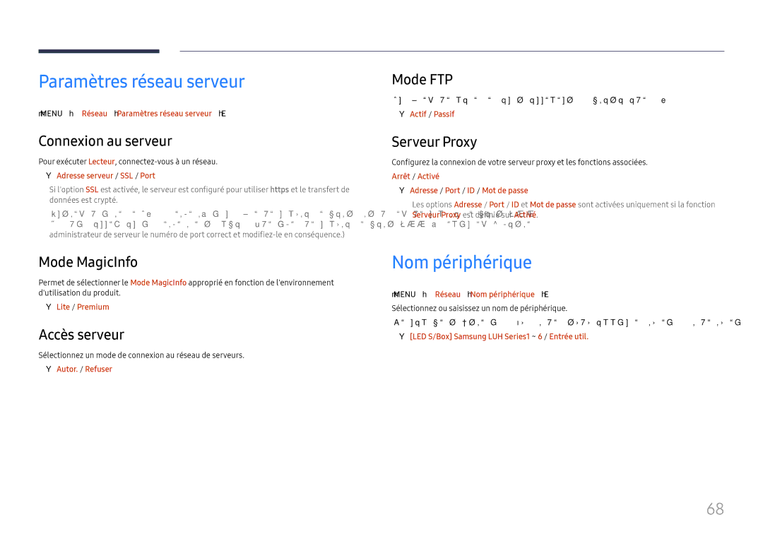 Samsung LH025IFHTAS/EN, SBB-SNOWH3U/EN, LH025IFHSAS/EN, LH015IFHTAS/EN manual Paramètres réseau serveur, Nom périphérique 