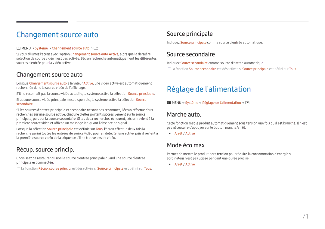 Samsung LH020IFHSAS/EN, SBB-SNOWH3U/EN, LH025IFHSAS/EN, LH025IFHTAS/EN manual Changement source auto, Réglage de lalimentation 