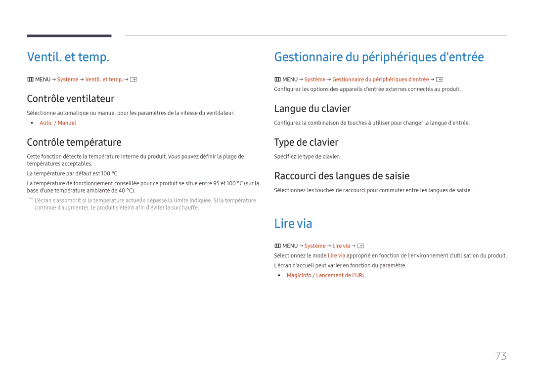 Samsung LH025IFHSAS/EN, SBB-SNOWH3U/EN, LH025IFHTAS/EN Ventil. et temp, Gestionnaire du périphériques dentrée, Lire via 