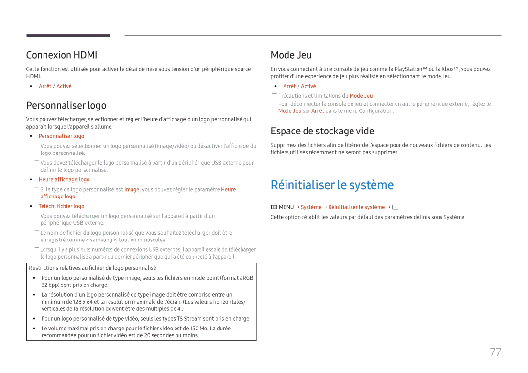 Samsung LH020IFHSAS/EN Réinitialiser le système, Connexion Hdmi, Personnaliser logo, Mode Jeu, Espace de stockage vide 