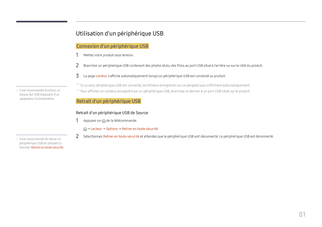 Samsung LH015IFHTAS/EN Utilisation dun périphérique USB, Connexion dun périphérique USB, Retrait dun périphérique USB 