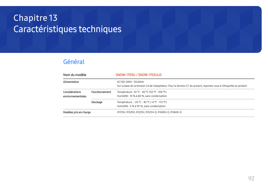 Samsung LH025IFHTAS/EN, SBB-SNOWH3U/EN, LH025IFHSAS/EN, LH015IFHTAS/EN manual Caractéristiques techniques, Nom du modèle 