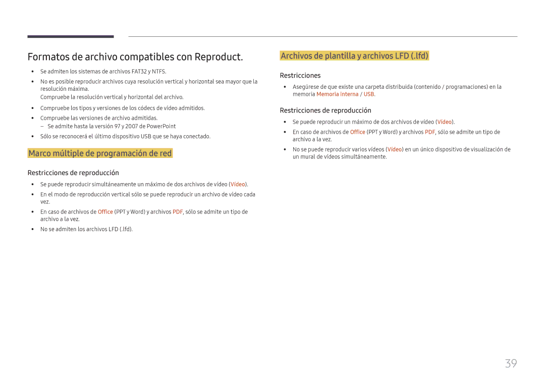 Samsung LH015IFHTAS/EN Formatos de archivo compatibles con Reproduct, Marco múltiple de programación de red, Restricciones 