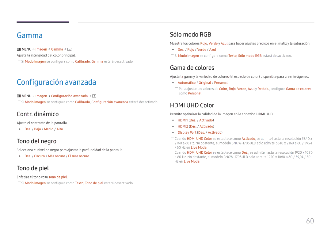 Samsung SBB-SNOWH3U/EN, LH025IFHSAS/EN, LH025IFHTAS/EN, LH015IFHTAS/EN, LH015IFHSAS/EN manual Gamma, Configuración avanzada 