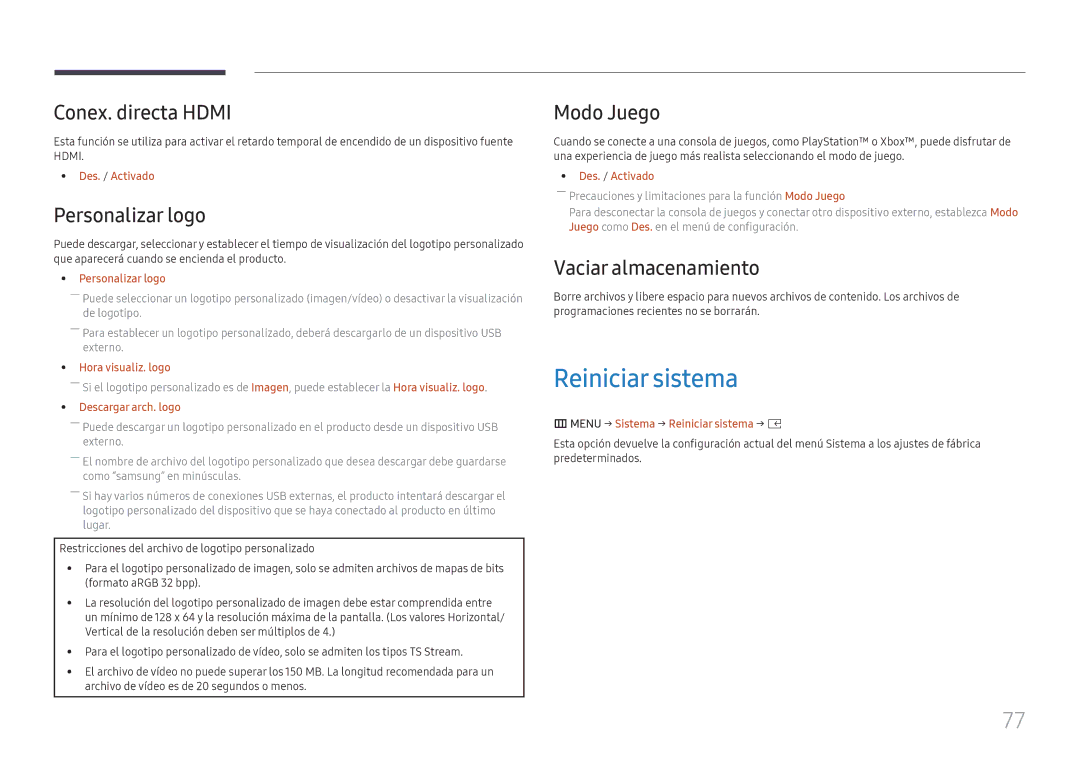 Samsung LH020IFHSAS/EN manual Reiniciar sistema, Conex. directa Hdmi, Personalizar logo, Modo Juego, Vaciar almacenamiento 