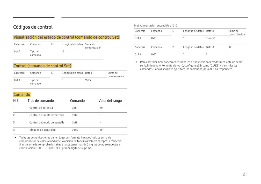 Samsung LH015IFHTAS/EN manual Códigos de control, Visualización del estado de control comando de control Get, Comando 