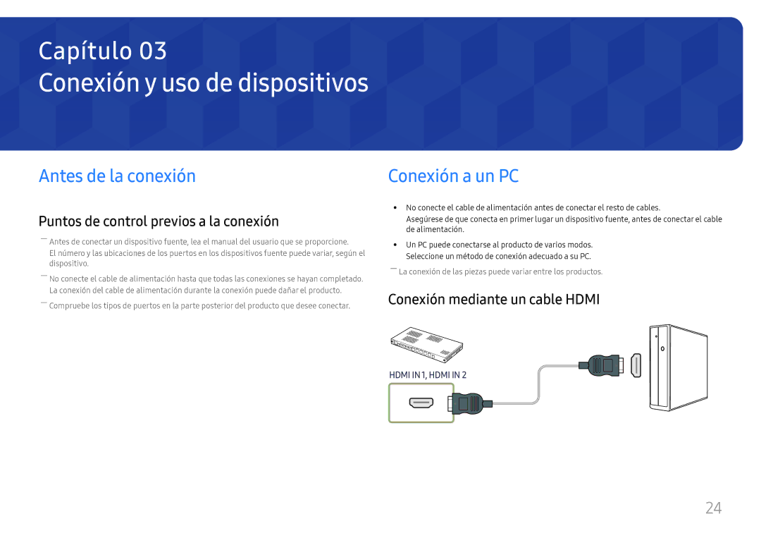 Samsung SBB-SNOWH3U/EN, LH025IFHSAS/EN manual Conexión y uso de dispositivos, Antes de la conexión, Conexión a un PC 