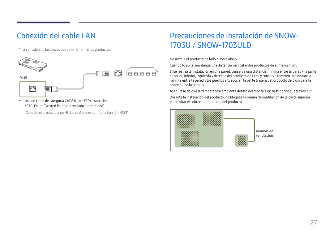 Samsung LH015IFHTAS/EN, SBB-SNOWH3U/EN Conexión del cable LAN, Precauciones de instalación de SNOW- 1703U / SNOW-1703ULD 