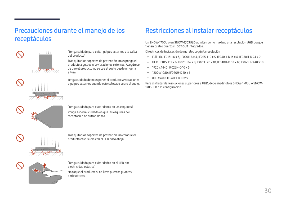 Samsung SBB-SNOWH3U/EN manual Precauciones durante el manejo de los receptáculos, Restricciones al instalar receptáculos 