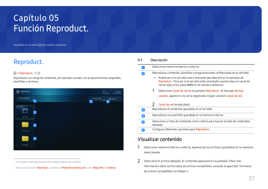 Samsung LH025IFHSAS/EN manual Función Reproduct, Visualizar contenido, → Reproduct. → E, Canal de red se ejecutará 