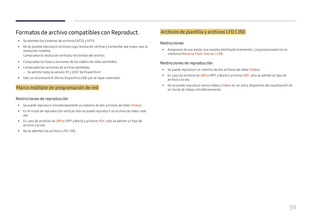 Samsung LH015IFHTAS/EN Formatos de archivo compatibles con Reproduct, Marco múltiple de programación de red, Restricciones 