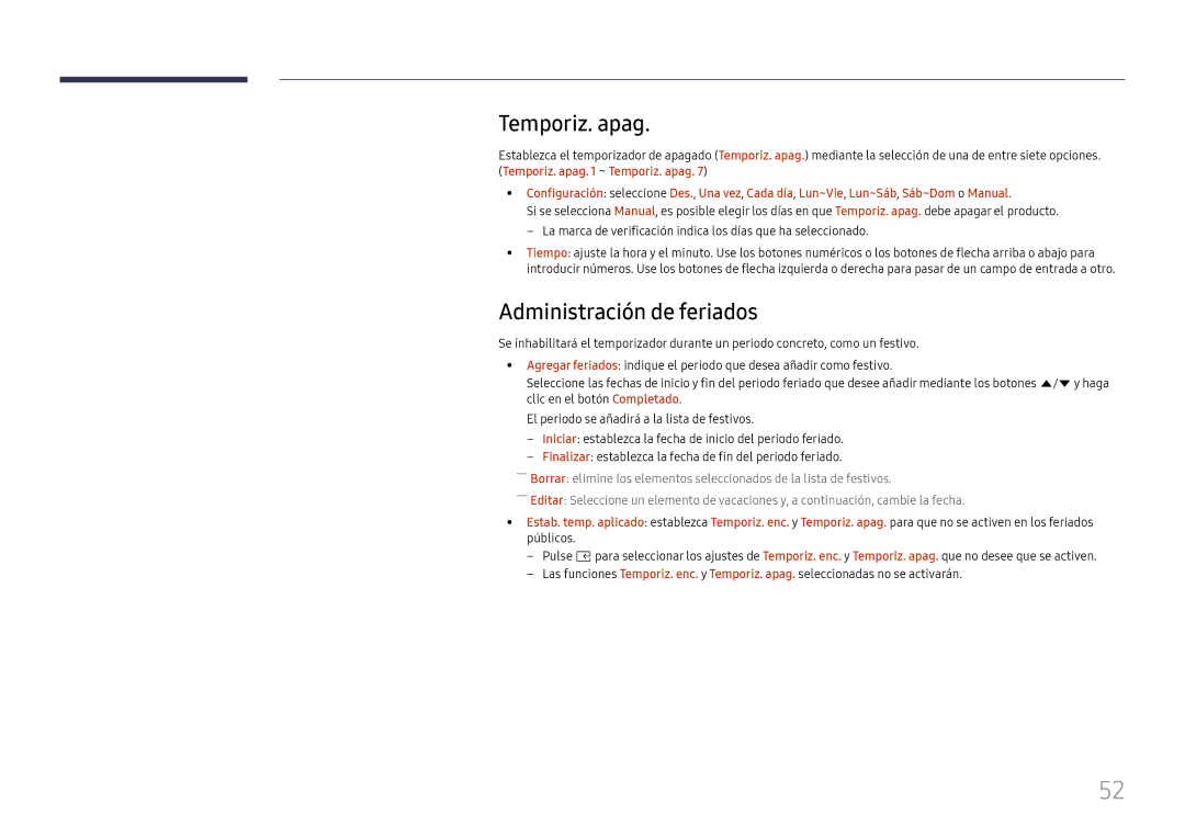 Samsung LH015IFHSAS/EN, SBB-SNOWH3U/EN, LH025IFHSAS/EN, LH025IFHTAS/EN manual Temporiz. apag, Administración de feriados 