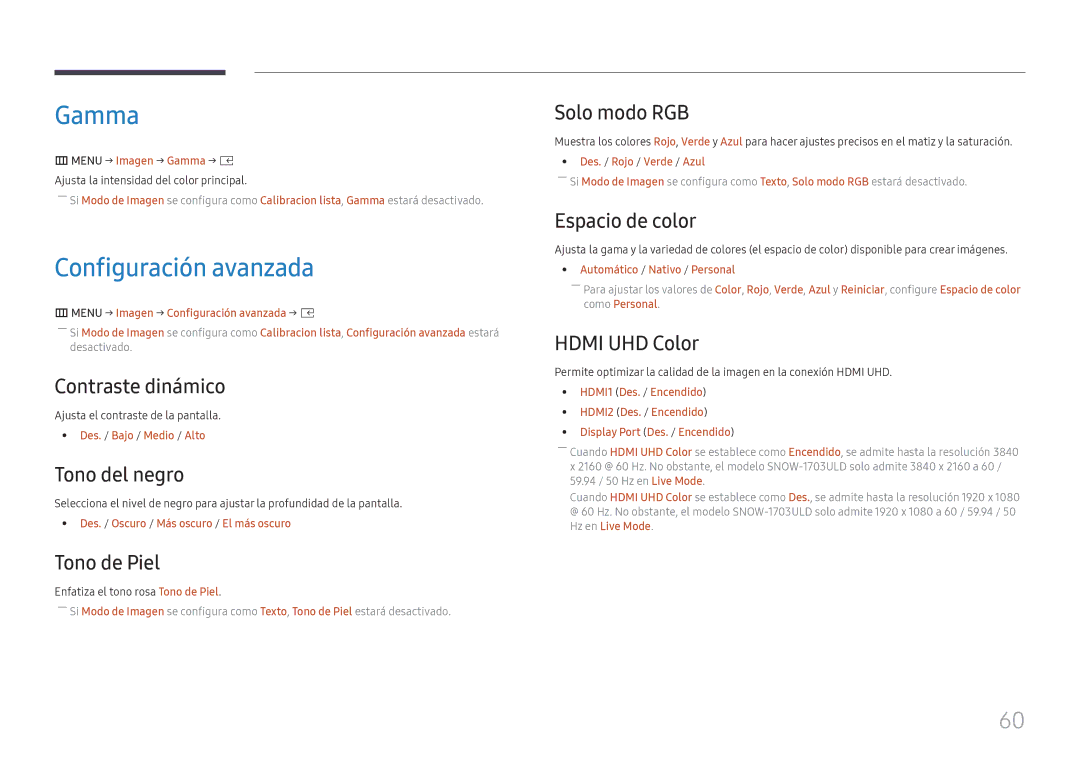 Samsung SBB-SNOWH3U/EN, LH025IFHSAS/EN, LH025IFHTAS/EN, LH015IFHTAS/EN, LH015IFHSAS/EN manual Gamma, Configuración avanzada 