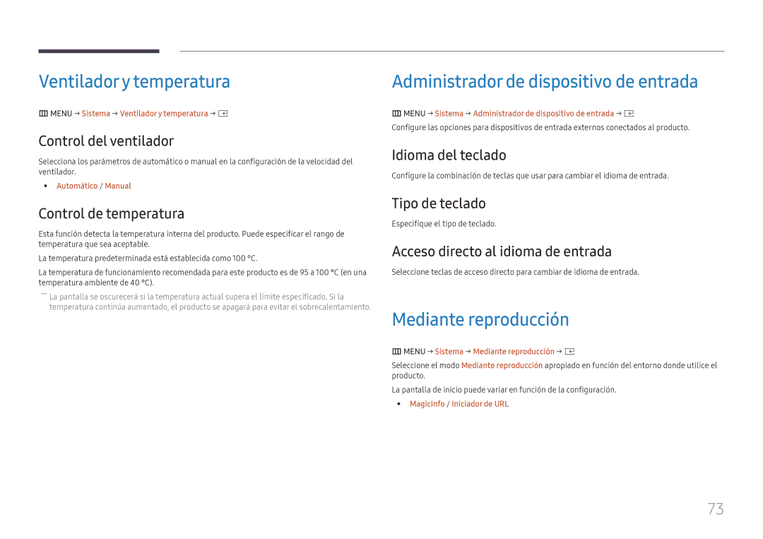 Samsung LH025IFHSAS/EN manual Ventiladory temperatura, Administrador de dispositivo de entrada, Mediante reproducción 