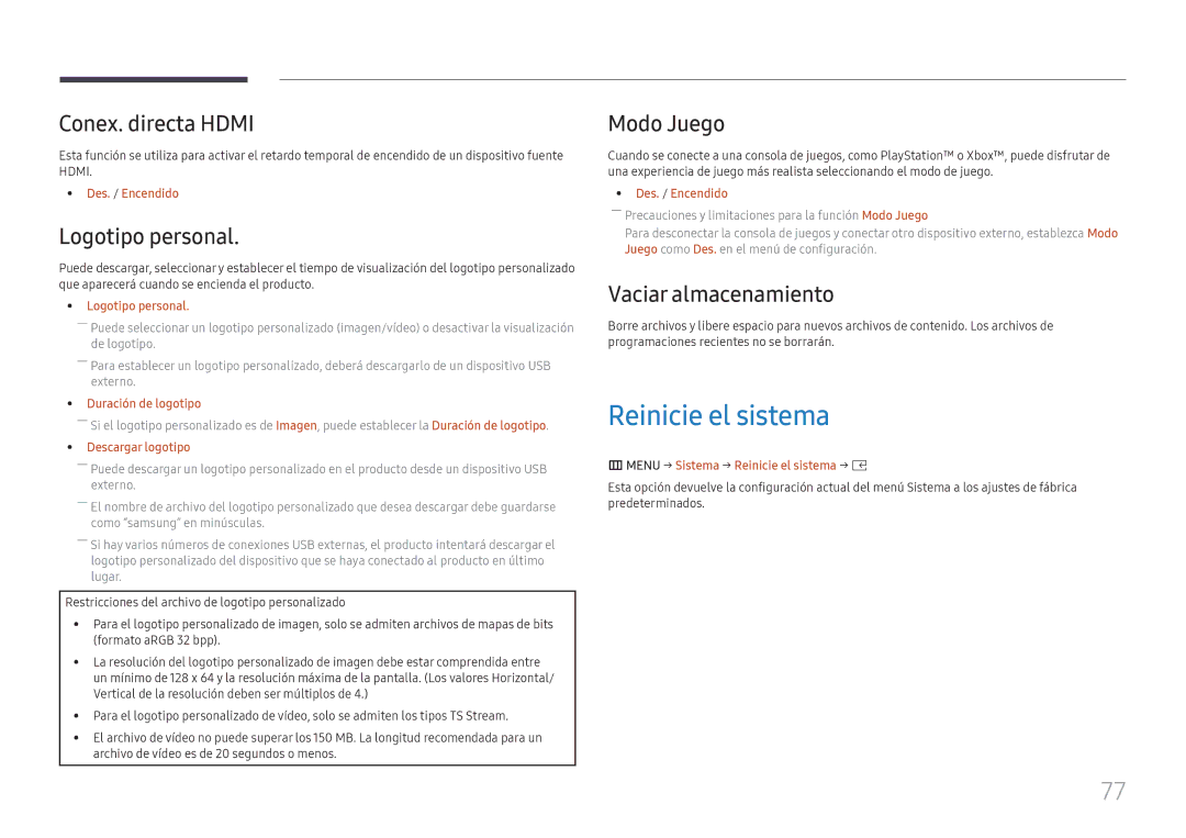 Samsung LH020IFHSAS/EN Reinicie el sistema, Conex. directa Hdmi, Logotipo personal, Modo Juego, Vaciar almacenamiento 