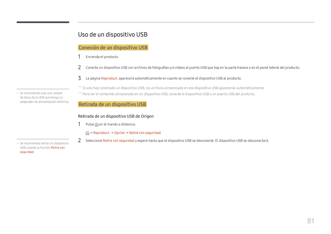Samsung LH015IFHTAS/EN manual Uso de un dispositivo USB, Conexión de un dispositivo USB, Retirada de un dispositivo USB 