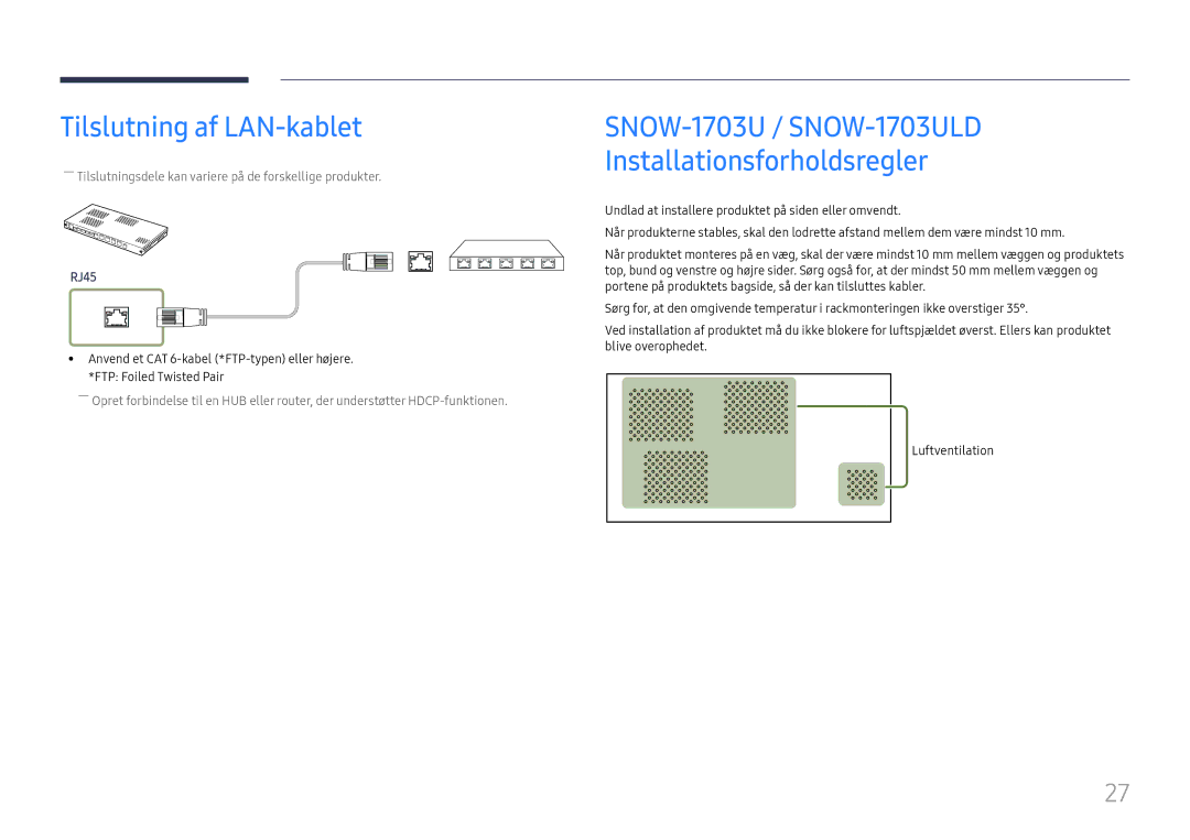 Samsung LH040IFHTDS/EN, SBB-SNOWH3U/EN Tilslutning af LAN-kablet, SNOW-1703U / SNOW-1703ULD Installationsforholdsregler 