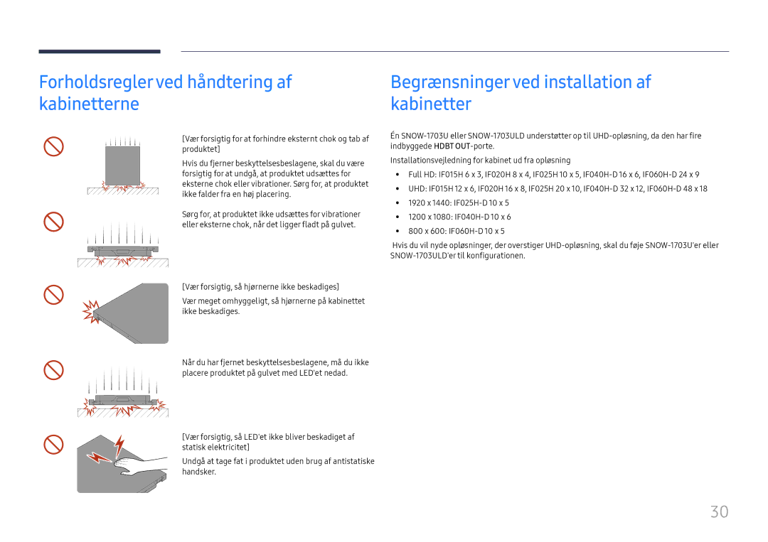 Samsung LH025IFHTAS/EN manual Forholdsreglerved håndtering af kabinetterne, Begrænsningerved installation af kabinetter 