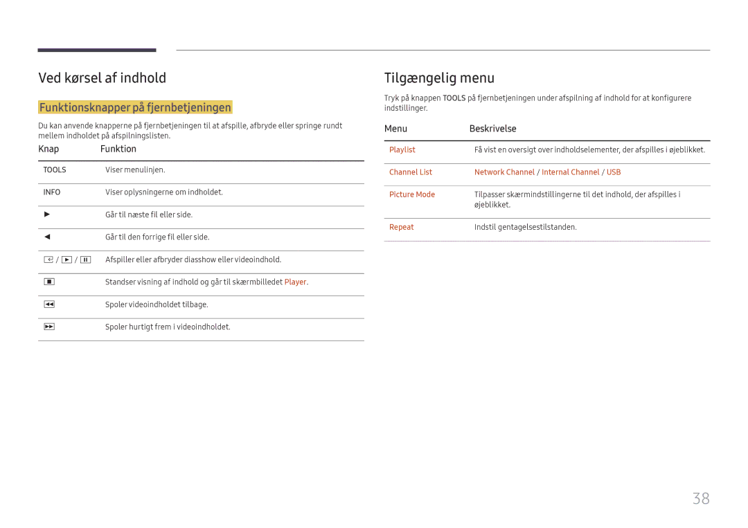 Samsung LH015IFHTAS/EN manual Ved kørsel af indhold, Tilgængelig menu, Funktionsknapper på fjernbetjeningen, Knap Funktion 