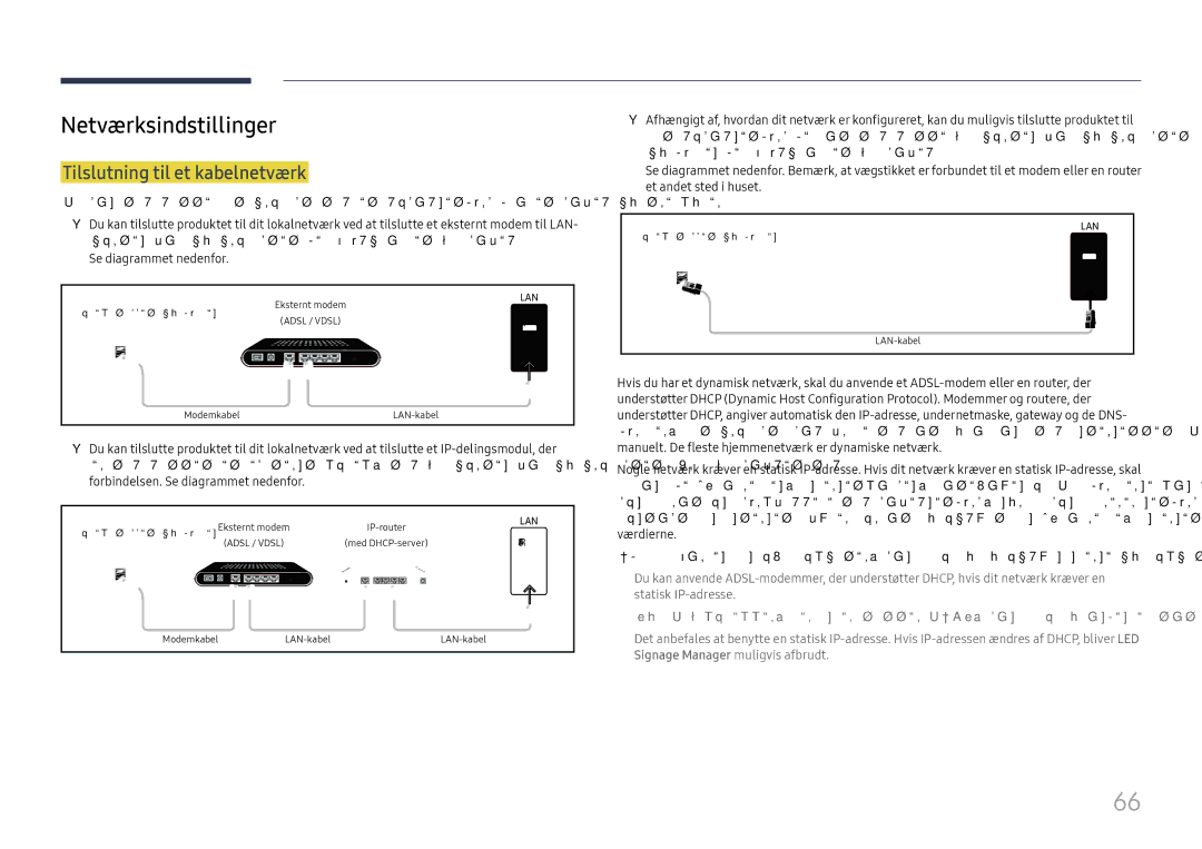 Samsung LH015IFHTAS/EN, SBB-SNOWH3U/EN, LH025IFHSAS/EN manual Netværksindstillinger, Tilslutning til et kabelnetværk 