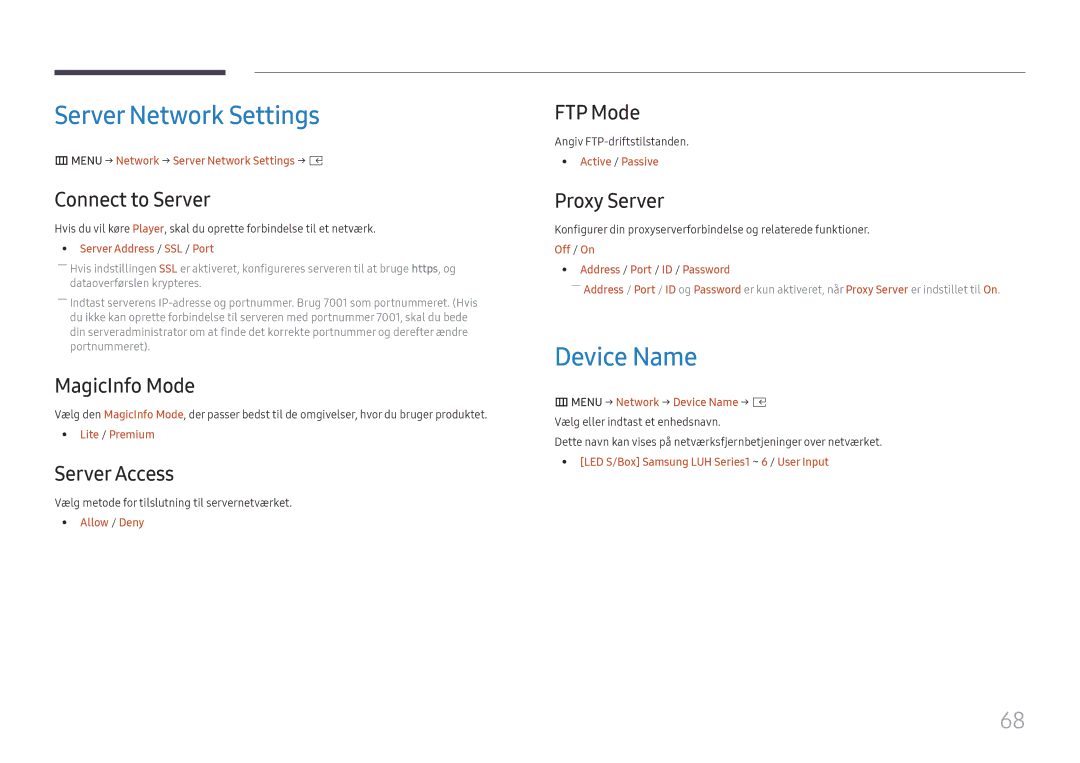 Samsung LH020IFHSAS/EN, SBB-SNOWH3U/EN, LH025IFHSAS/EN, LH025IFHTAS/EN, LH015IFHTAS/EN Server Network Settings, Device Name 