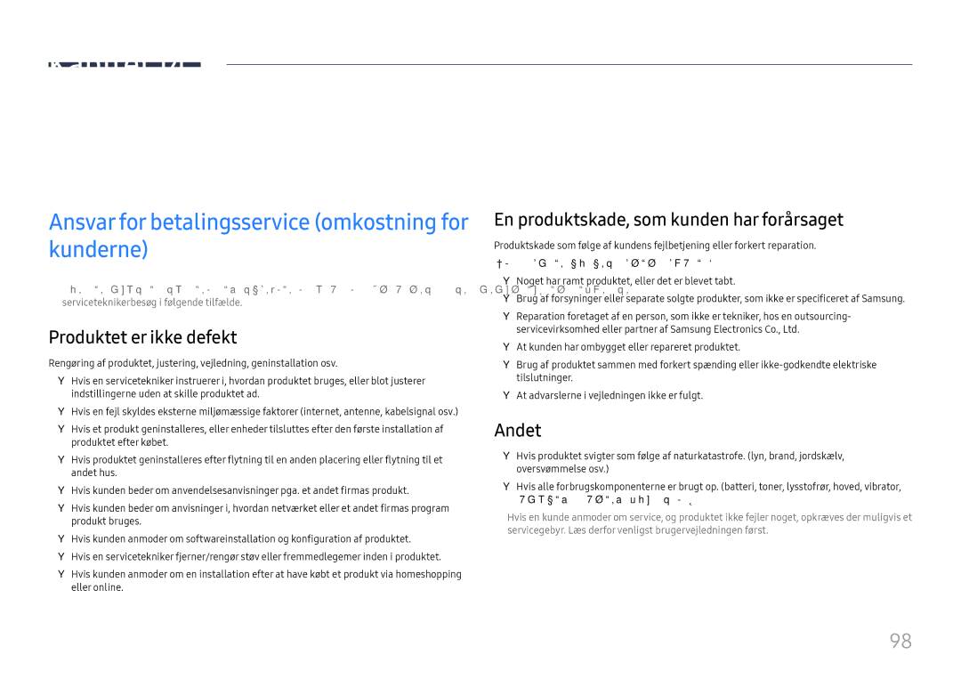 Samsung SBB-SNOWH3U/EN Appendiks, Ansvar for betalingsservice omkostning for kunderne, Produktet er ikke defekt, Andet 