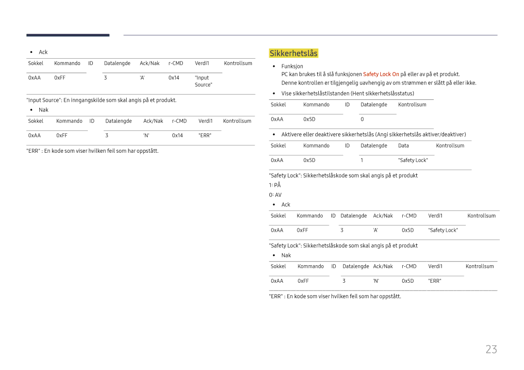 Samsung LH025IFHTAS/EN, SBB-SNOWH3U/EN manual Sikkerhetslås, Funksjon, Vise sikkerhetslåstilstanden Hent sikkerhetslåsstatus 