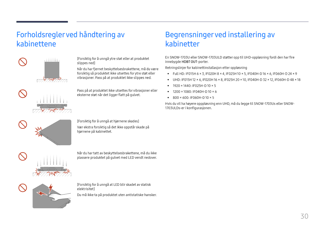 Samsung LH025IFHTAS/EN manual Forholdsreglerved håndtering av kabinettene, Begrensningerved installering av kabinetter 