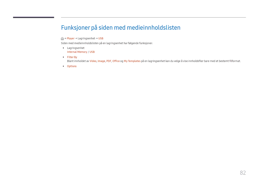 Samsung LH020IFHSAS/EN manual Funksjoner på siden med medieinnholdslisten, Internal Memory / USB Filter By Options 