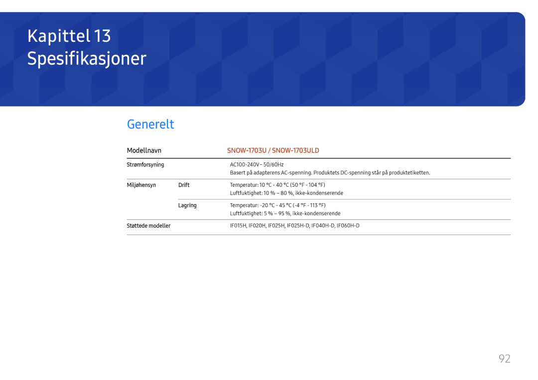 Samsung LH025IFHSAS/EN, SBB-SNOWH3U/EN, LH025IFHTAS/EN, LH015IFHTAS/EN, LH015IFHSAS/EN Spesifikasjoner, Generelt, Modellnavn 