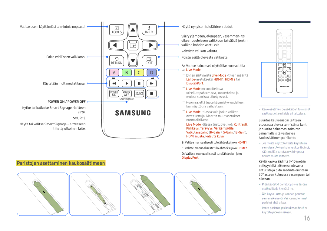 Samsung LH025IFHTAS/EN, SBB-SNOWH3U/EN, LH025IFHSAS/EN, LH015IFHTAS/EN, LH015IFHSAS/EN Paristojen asettaminen kaukosäätimeen 