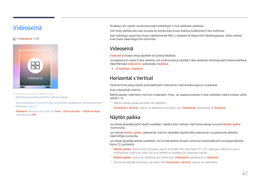 Samsung LH020IFHSAS/EN, SBB-SNOWH3U/EN, LH025IFHSAS/EN, LH025IFHTAS/EN manual Videoseinä, Horizontal x Vertical, Näytön paikka 