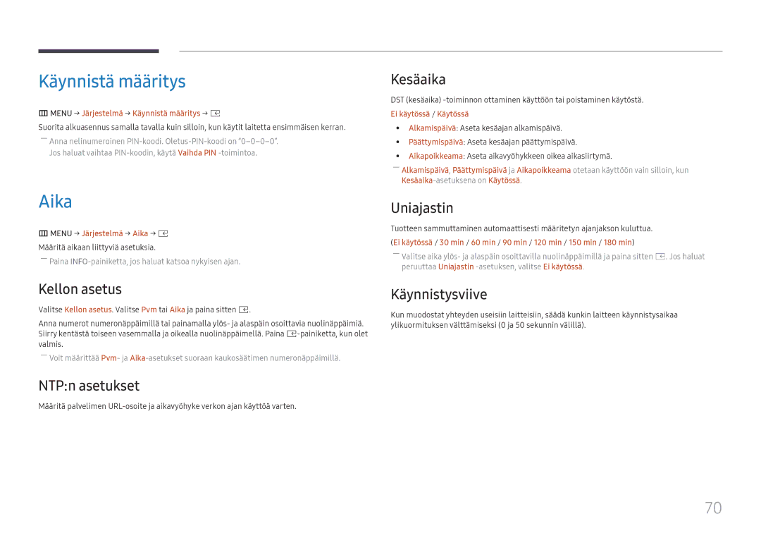 Samsung SBB-SNOWH3U/EN, LH025IFHSAS/EN, LH025IFHTAS/EN, LH015IFHTAS/EN, LH015IFHSAS/EN manual Käynnistä määritys, Aika 